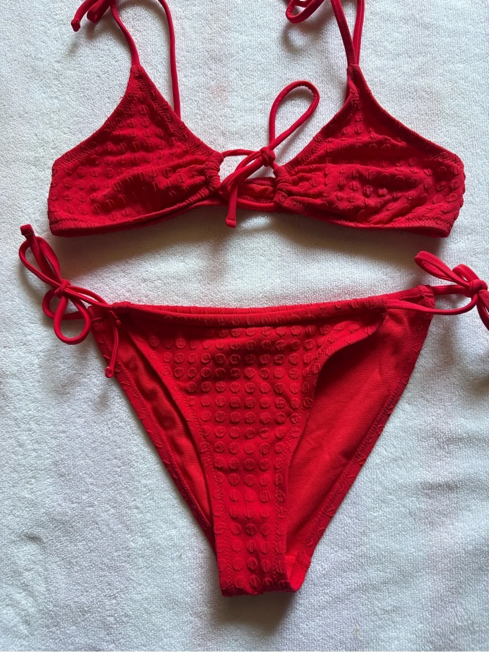 Topshop Red Tie-Side Textured Bikini Set